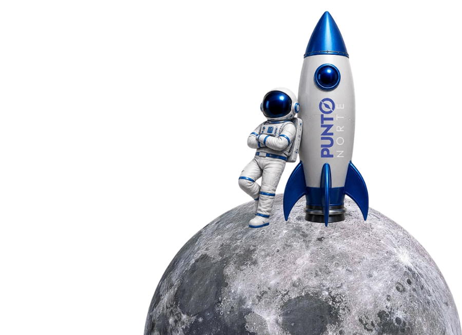 astronauta de Punto Norte sobre la luna con cohete espacial